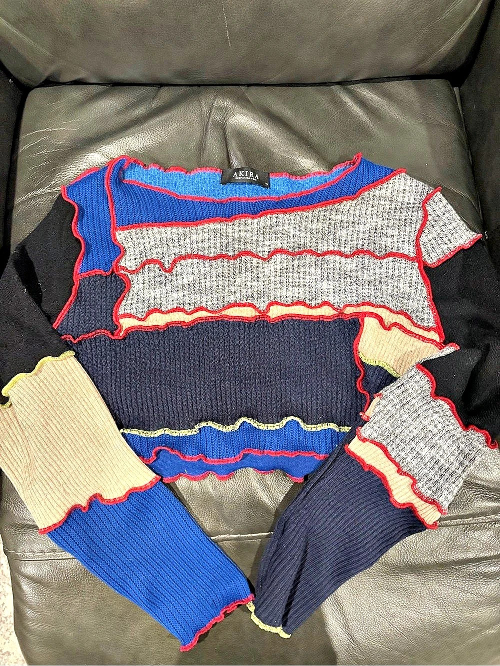 AKIRA Multi Knit Cropped Sweater Blue & Black with cool design aesthetic size XL